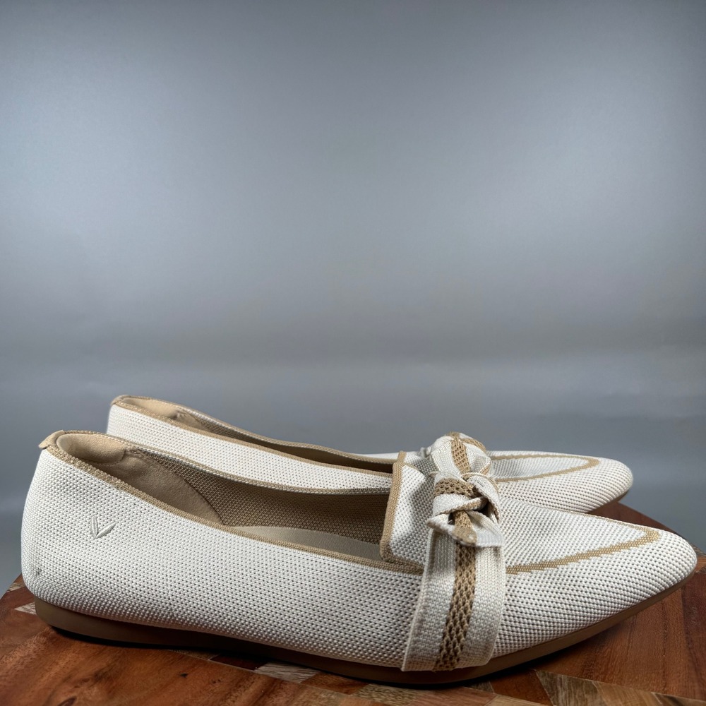 VIVAIA Margot Pointed Toe Knit Loafers Cream Tan Bow Flats Womens 41.5